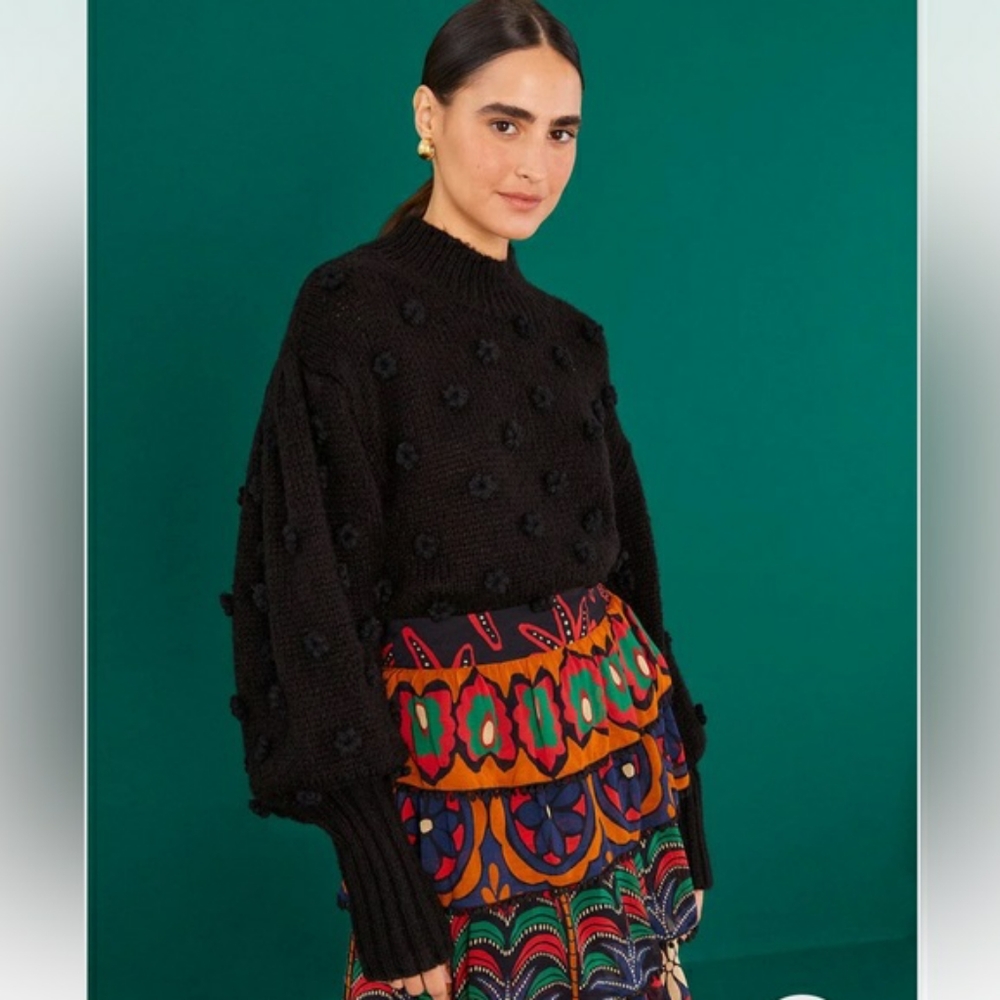 NWT! FarmRio Handmade Flowers Black Sweater Large